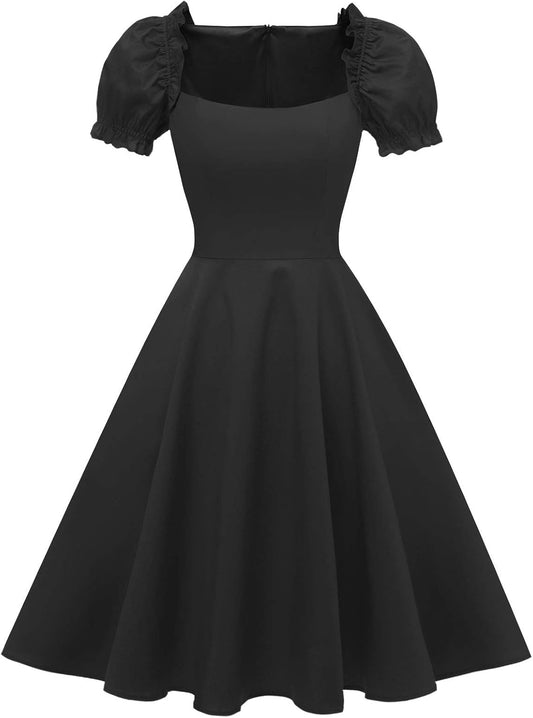 Women'S Puff Short Sleeve 1950S Party Dresses Square Neck Aline Dress with Pockets