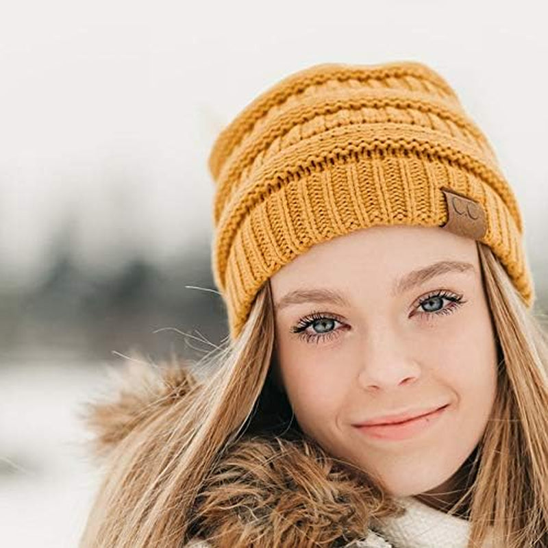 Solid Ribbed Beanie Soft Stretch Cable Knit Slouchy Hat Warm Skull Cap